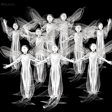 sketch clipart of group of flying angels, hd, white on black background, spaced out,--ar 3:2