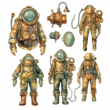 watercolor antique diving suit, illustrations clipart set, simple, , cartoon elements ,different variants , brass elements, , separate elements with a margin, ,4k, high resolution