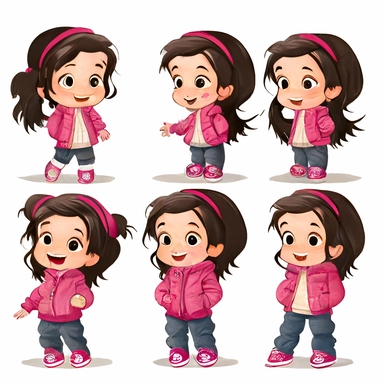 clipart little girl, 4 years old, cute, 4 different poses with same outfit on each, front and side view, wearing pink plain closed jacket, pink plain trousers no pattern, pink shoes, black hair, smiling