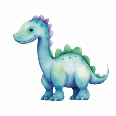 Diplodocus on isolate white background, simple design, illustration, flat colors, simple lines, graphic novel style, 2d painting, watercolor painting style, trending on art station, digital art, childrens character design, happy mood, watercolor, pixar style cartoon, without line work, minimalist, clipart