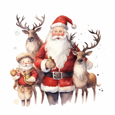 cute christmas watercolor illustration of santa and reindeers, clipart image on a white background