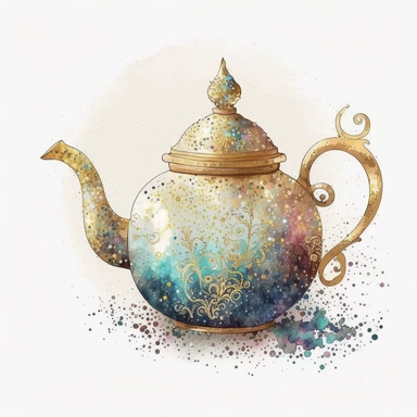 A vintage teapot, glitter around, white, gold, glitter, fantasy, realistic illustration, watercolor, by Dinara Mirtalipova, by Disney, bright and airy Colors, concept art, white background, clipart