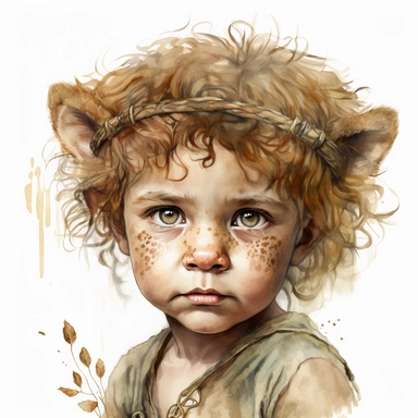boho little BOY, big eyes, as Scar the lion, very detailed and realistic, watercolor, portrait , white background with margins, clipart style,