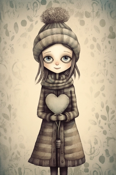 a picture of a girl in winter holding a heart, in the style of quirky character designs, silver and beige, angelcore, ink-washed, scrapbook, argus c3, character, clipart