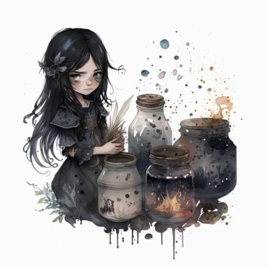 beautiful alchemist girl, black eyes, black long hair, brazier, metal pots, jars of potions, jars of herbs, decorated with stars, children illustration, watercolor image, hannah dale style, watercolor, white background, clipart