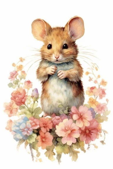 Chromolithography, vintage watercolor mouse floral clipart, nursery art, little mouse, mouse art, kids wall art, baby animal prints, isolated on white background, intricate details, hdr, 8k