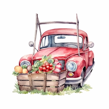 easter basket watercolor clipart & clip art, in the style of light red and dark gray, narrative paneling, classic american cars, uhd image, hand lettering, depiction of rural life, wood