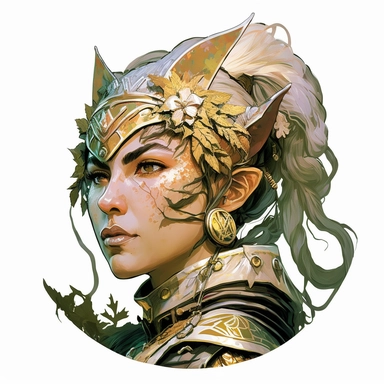 regency female elf elven Persian Asian noble soldier, Josh Kirby Mad Max Lord of the Rings, handpainted enamel punk zine indie retrowave, clipart illustration character portrait, circle white background