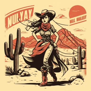 howdy beautiful cowgirl with a skirt and hat and lasso , western style, clipart, grunge, black line art with color, cacti and desert, minimalist, 70's vintage, retro, western pop art