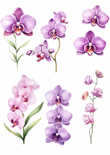 In the midst of your design journey, it's time to create eye-catching orchid clipart that will add a touch of sophistication to the corners of invitations. Your task is to develop a versatile orchid clipart design, isolated on a clear white background. Consider the lines, shapes, and intricate details that make orchids unique. Embrace your artistic style, whether it's whimsical, realistic, or minimalist, and create a set of clipart elements that capture the essence of these enchanting flowers. L