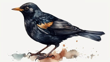 Watercolor blackbird clipart, white isolated background, space out, hd
