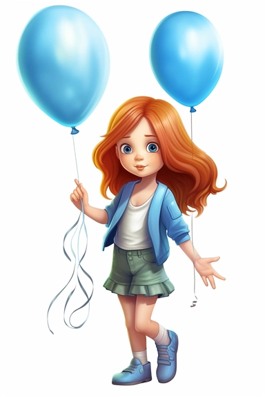 hp clipart,cute 2 year old girl dressed in light summer clothes holding 3 blue balloons in his hand, big blue eyes, long red hair, on white background, vector , fully detailed, full body figure view