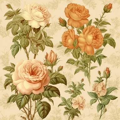vintage roses and bushes clipart set, in the style of wallpaper, light brown and green, 1860–1969, canvas texture emphasis, elaborate borders, edward julius detmold, cartoonish motifs