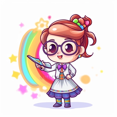 kawaii style rainbow cute teacher with a magic wand, casting spells to make learning fun and engaging for students, Best quality, 8K, HD, white background, no background, sublimation file, png, 2d, Cute kawaii style, vector clipart, no watermark