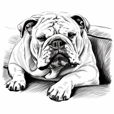 clipart image of a bulldog lying on a sofa on it's back, it's head turned towards you, smiling, eyes shut, high definition, contour, white background