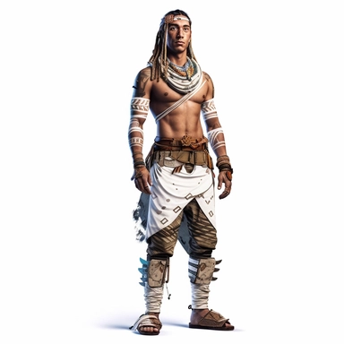 lean, white young male, full body shoot, tribal clothing made from recycled materials 1000years into the future post ecological evolution. unreal game engine style, different poses, detail, clipart, white background, one of a kind--ar 16:9