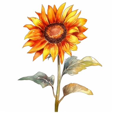 Watercolor Sunflower Clipart,fall sunflower with a long stalk,clear edges,warm colors,cut-out,Outlined Edge Detection,positive energy,clear white background,vector graphics