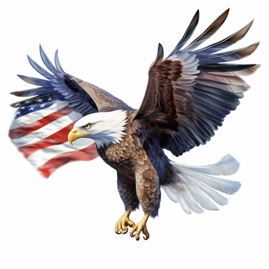flying bald eagle with american flag in his talons, clip art, white background