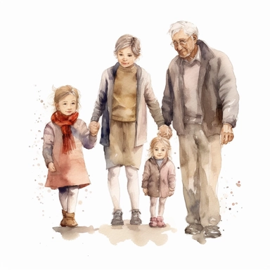 grandfather and grandmother holding the hands of 2 little girls, one 16 years old and the other 1 year old, the litlle girls are between them, watercolor, clipart, white background