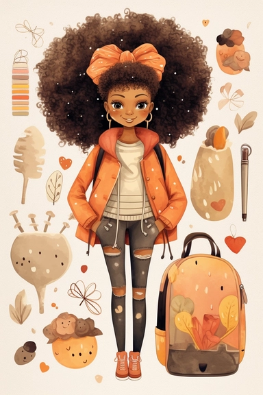 clipart set Cute illustration fashion black woman back to school watercolor clipart, full body, Cute kawaii sticker