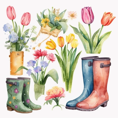 Watercolor Spring Clipart, Spring Clip Art, Flowers, Spring, Rainboot, Bird, Umbrella, Bicycle, Gardening, Tulips, Watercolour Clip Art