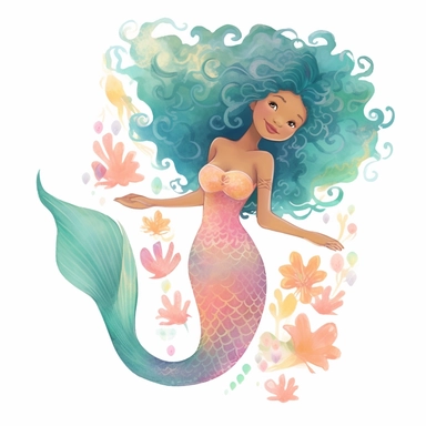 Mermaid Clipart Clipart, full body pastel colors african american Mermaid swimming with a dolphin , natural hair, dreads, distinctive noses, illustration blend with cartoon realism and cate parr style