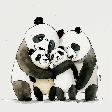 watercolor and ink drawing of a portrait of a family of four happy panda bears, one mom bear, one dad bear, two baby bears, clipart, embracing each other, cute pose, cartoon, doodle, happy, smiling, beautiful watercolor ink wash coloring, thick pencil lines, quentin Blake, Adrian tomine, popular on etsy, watercolor illustrations clipart, watercolor illlustrations for kids and children, book illustrations, plain white background