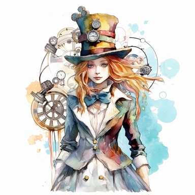An alice in wonderland character , watercolor steampunk style, white background, clipart