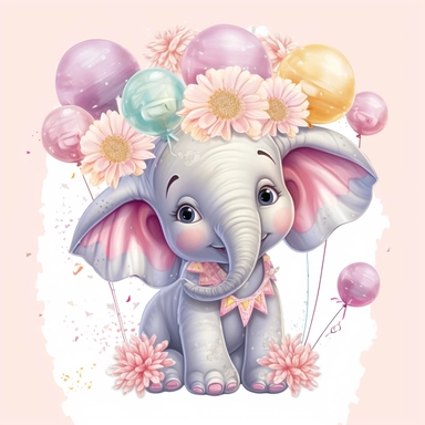 a detailed very colorful vector Clipart image sticker of a beautiful majestic magical floral smilling baby elephant and pastel pink balloons colors holding balloons with a white background, pastel light colors, fall colours, gold ropes, photorealistic, cinematic, Cinematic, Color Grading, Editorial Photography, Photography, Photoshoot, Shot on 70mm, Ultra-Wide Angle, Depth of Field, DOF, Tilt Blur, Shutter Speed 1/1000, F/22, Gamma, White Balance, Neon, Light, Dark, Light Mode, Dark Mode, High C
