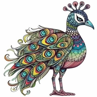Funny colorful cartoon peacock like a pompon clipart with big beautiful eyes and long beautiful legs, distinct fine details, watercolor technique, black contour lines