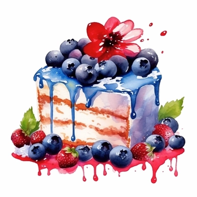 clipart, isolated on white background, Watercolor cake with flowers and berries, blue colored, ornated, vivid and vibrant and saturated colors