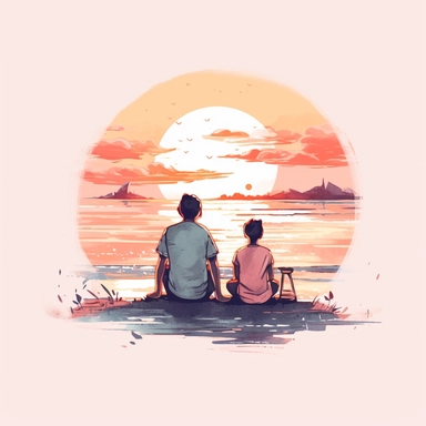 pastel boho beach sunset with family sitting looking at sea clipart, HD 4K Detail, white background