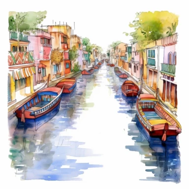 a Mexico Xochimilco Canals in the style of watercolour clipart with detailed brush strokes
