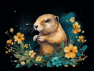 deep emerald gold watercolor Groundhog with flowers plants clipart, golden metallic lines and some glitter, shining colors, dark background, 8k, high resolution