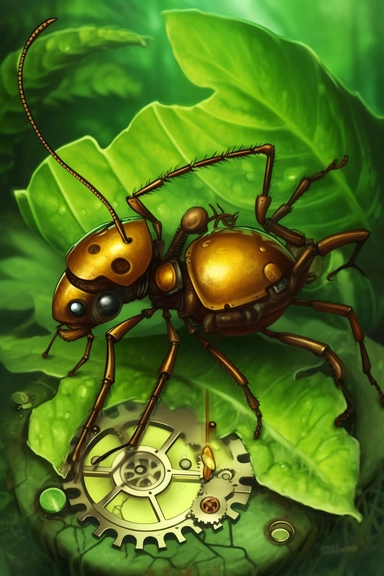 steampunk ant mechanism on a leaf, book illustration style, cartoon, by Digital-Vector-Illustration Jordan-Grimmer-Concept-Painting, watercolor clipart, hyperdetailed painting, beautiful scene, flat colors, 50mm, f1.4