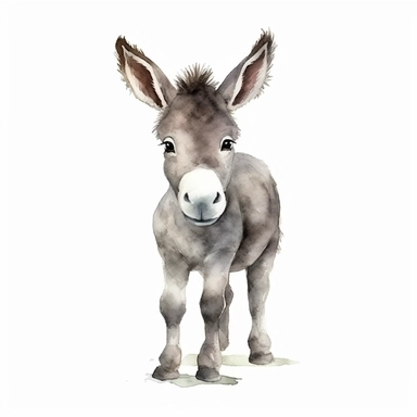 a playful baby donkey with kind eyes clipart with watercolor illustration,full body shot,8k,etsy style, white background