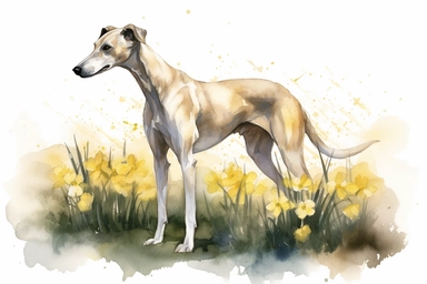 watercolor Vector hd clipart, gentle greyhound full body in daffodils, on white background, spaced out