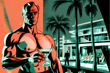letraset clipart of handsome 40 year old men drinking a martini near a vintage, muscular man in palm springs at night, 1960's, happy, palm trees, mid century building, pool