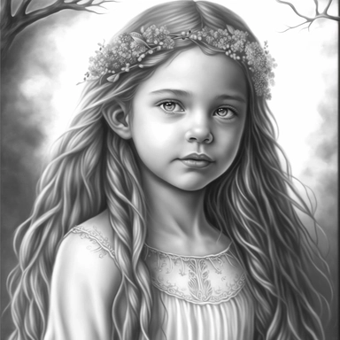 boho little girl, princess aurora, portrait, pose, very detailed and realistic, centered, greyscale, clear image, withe background, clipart style