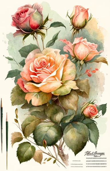Create an image of vintage watercolor roses with splashes in a 2:3 ratio clipart. The final image should be created using traditional watercolor techniques, with high-quality paper and professional-grade paints.