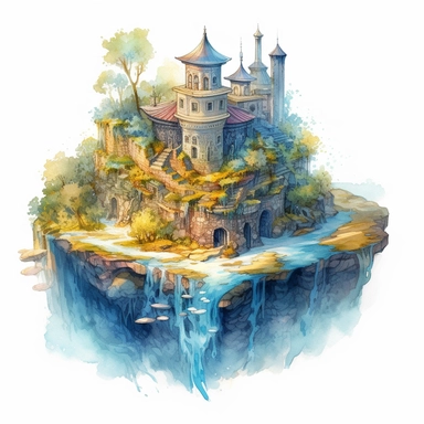 high level watercolor, hyper realistic, white background with margins, 8k, ultra detailed clipart, A floating island with a mysterious, ancient library, housing magical tomes and scrolls. fairy, blue and yellow