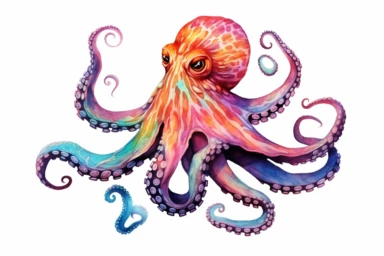 small vibrant tropical octopus overlay, illustrative watercolour clip art, ultra detailed, transparent background,