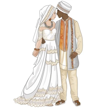 Create one clipart full size body of a couple wedding [maroccan] with loving expressions, gentle and affectionate body language, hugs . The couple is form with [ bride in kifta wedding dress] and [ a man in maroccan suit wedding ]. Use traditional clothing and accessories that are meaningful to each culture, and incorporate [color] and [color] to add visual interest and cultural significance to the design by Eddie Campbell