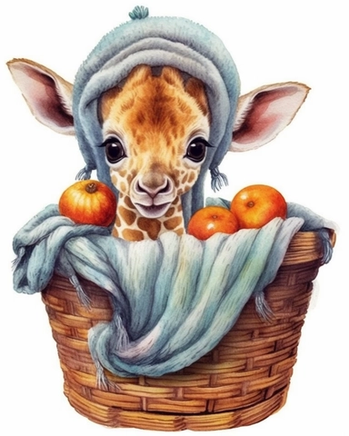 detailed watercolor Baby Giraffe on a basket with cap , hyper realistic, isolated on a white background, clipart
