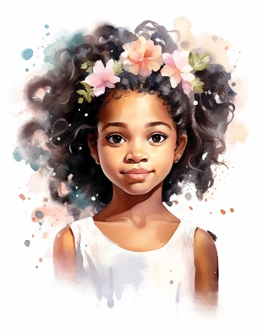 a little black girl portrait in watercolor Disney style clipart on white background, hugh eyes, sarah kay, holly hobbies, valentines day