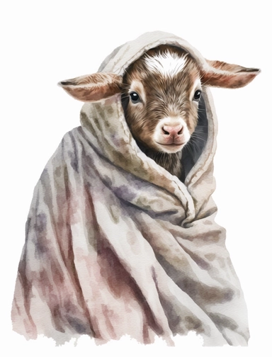 baby goat in a blanket, watercolor clipart, transparent background