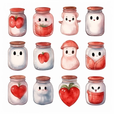 Collection of little flying baby ghost face, transparent glass jar and red love heart. Hand drawn watercolour graphic drawing on white, cutout clip art elements for print, invitations, banners, cards