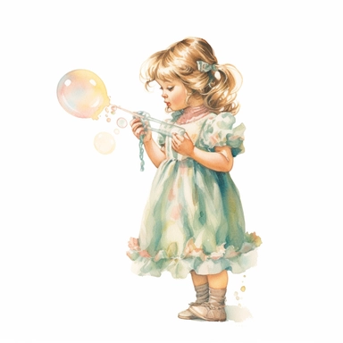 vintage adorable little girl blowing soap bubbles, pastel colors, clipart style, watercolor technique, super high quality, professional watercolor clipart, high resolution