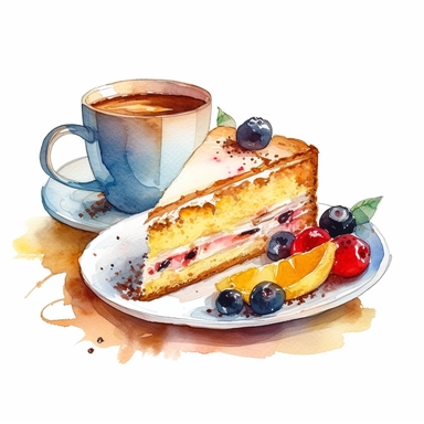 watercolor realistic painting of a piece of cake with fruits and a cup of coffee clipart, 8K