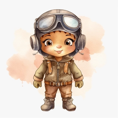 a watercolour clipart of a baby black girl aviator pilot, full body, big cute eyes, and simple watercolour background